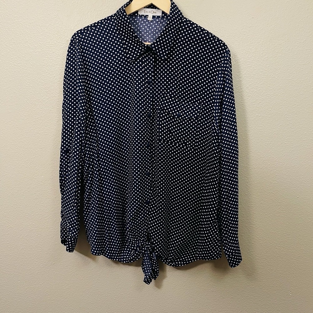 Eden & Olivia Polka Dot Front Tie Button Up Shirt Roll Up Sleeve Navy Plus Sz 2X